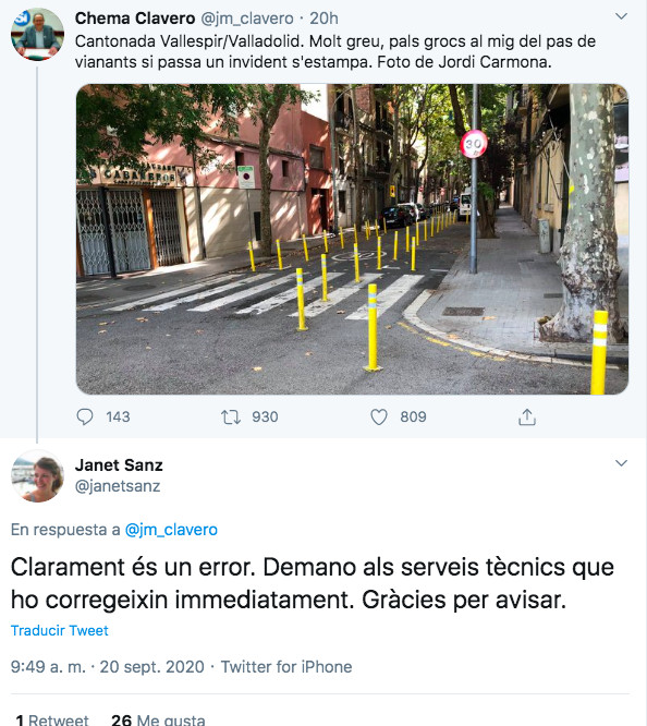 Tuit sobre el paso de peatones de Chema Clavero y la respuesta de Janet Sanz / TWITTER