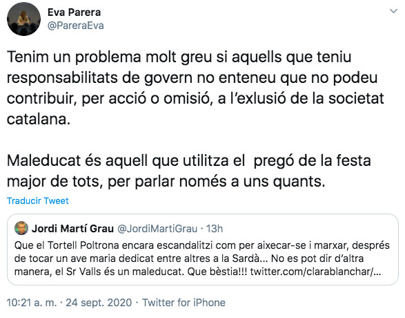 Tuits de Eva Parera y Jordi Martí Grau / TWITTER