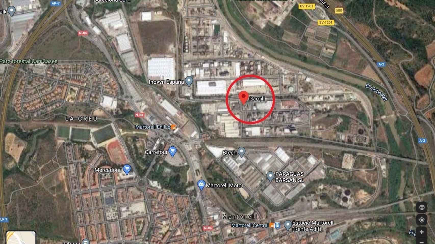 Ubicación de la empresa Cargill, en Martorell (Barcelona), que ha sufrido un incidente químico este sábado / PROTECCIÓ CIVIL