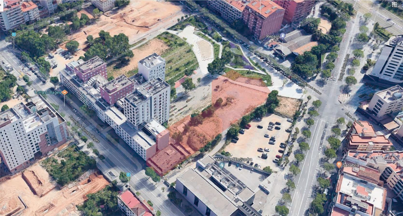 Vista aérea del espacio donde se construirán los 152 pisos para ancianos en las Casernes de Sant Andreu / AJUNTAMENT DE BARCELONA
