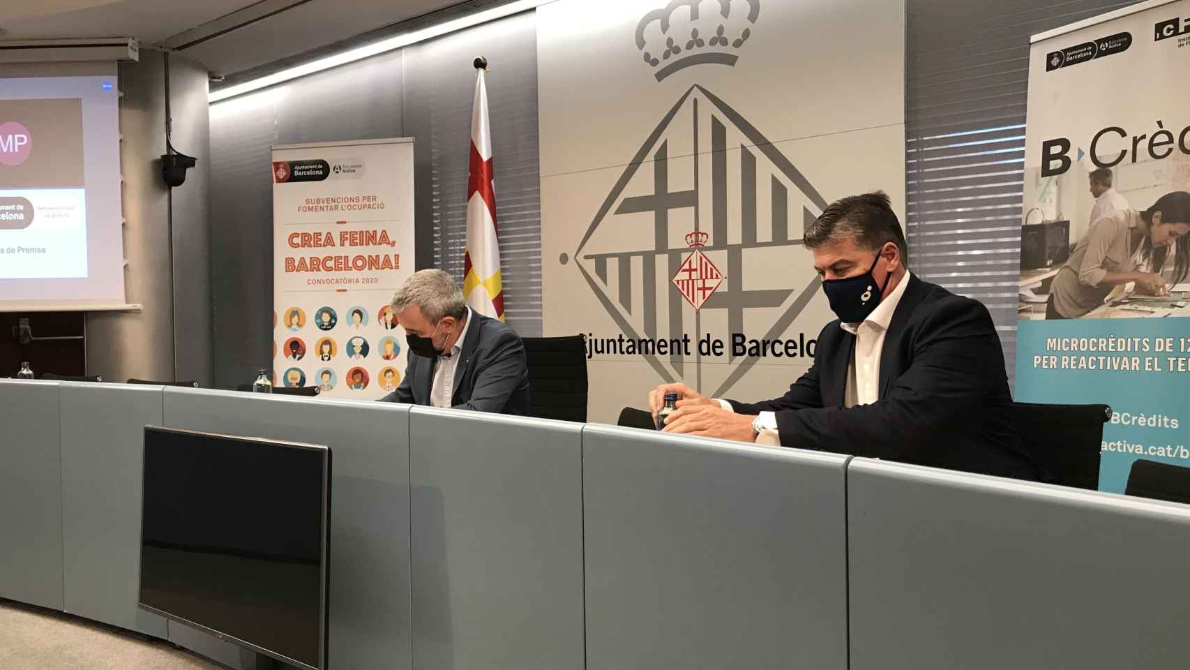 El primer teniente de alcalde, Jaume Collboni, y el secretario general de PIMEC, Antoni Cañete, en la rueda de prensa de este martes / DF