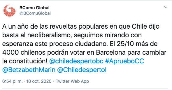 Tuit de Barcelona en Comú a favor de la revuelta que se conmemora / TWITTER @BComuGlobal