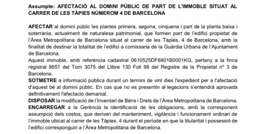 Texto que confirma que la Guardia Urbana tendrá una nueva comisaría en Ciutat Vella / AMB