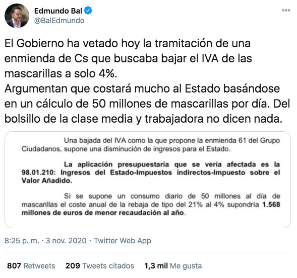 Tuit de Edmundo Bal (Cs) sobre la petición de rebaja del IVA en las mascarillas / TWITTER