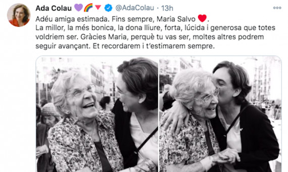 Captura de pantalla del tuit que ha realizado Ada Colau por la muerte de María Salvo / TWITTER - @AdaColau