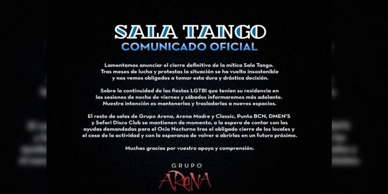 Comunicado oficial del cierre de la Sala Tango en Barcelona / GRUPO ARENA