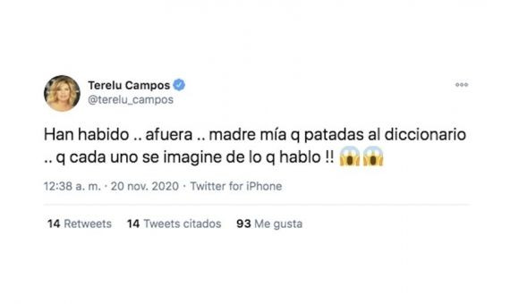 Captura de pantalla del tuit de Terelu Campos mofándose de la famosa de Barcelona / TWITTER