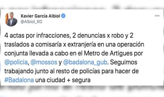 Captura de pantalla del tuit de Xavier García Albiol sobre el dispositivo / TWITTER 