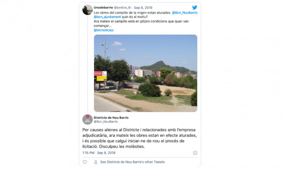 Tweet de un vecino de Nou Barris desconcertado por el paro de las obras en 2019 / TWITTER