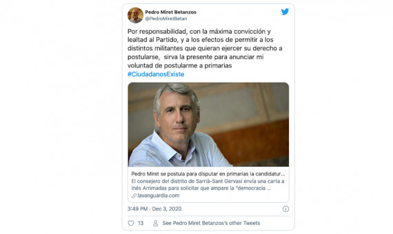 Tweet de Pedro Miret anunciando su voluntad de postularse a primaras / TWITTER