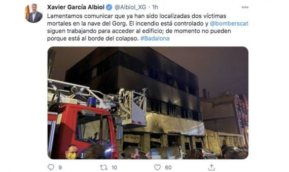 Tuit de Xavier García Albiol sobre el incendio en Badalona / TWITTER