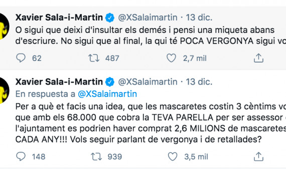 Tuit de Xavier Sala i Martin respondiendo a Janet Sanz / TWITTER