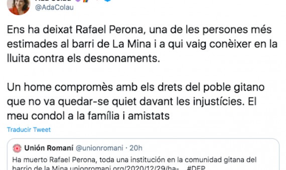 Tuit de la alcaldesa de Barcelona, Ada Colau / TWITTER @AdaColau