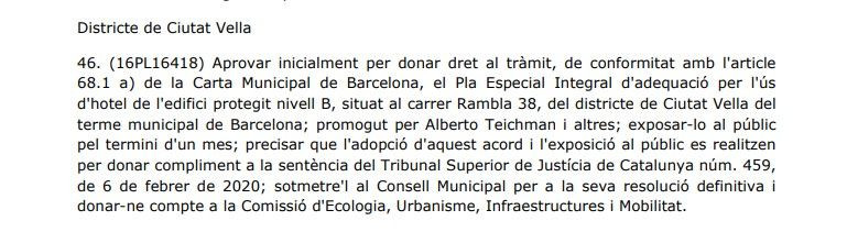 Texto del proyecto de hotel en la Rambla / AYUNTAMIENTO DE BARCELONA