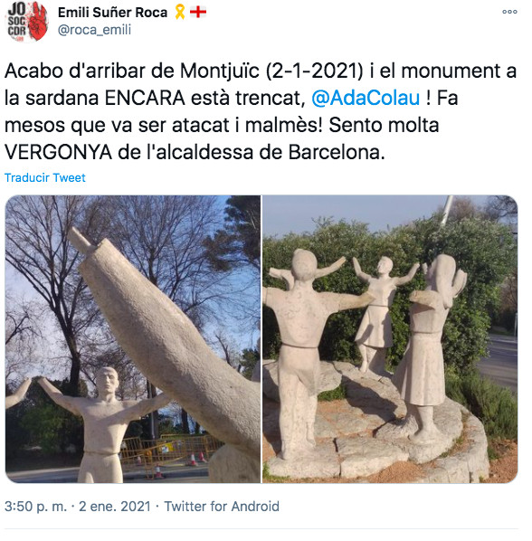 Tuit con el monumento a la sardana roto, este enero / TWITTER EMILI SUÑER