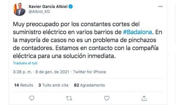 Tweet del alcalde de Badalona sobre los cortes de suministro eléctrico/ TWITTER