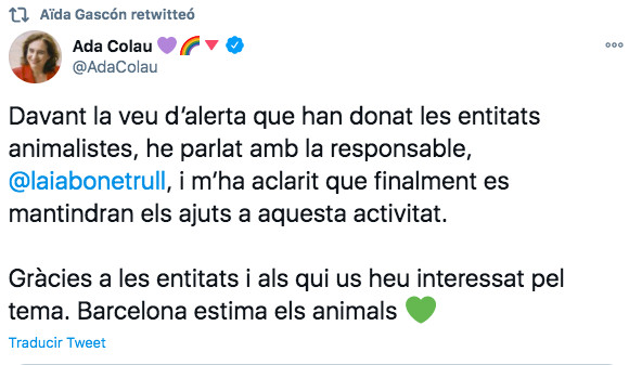 Tuit de Colau sobre las ayudas a entidades animalistas / TWITTER ADA COLAU