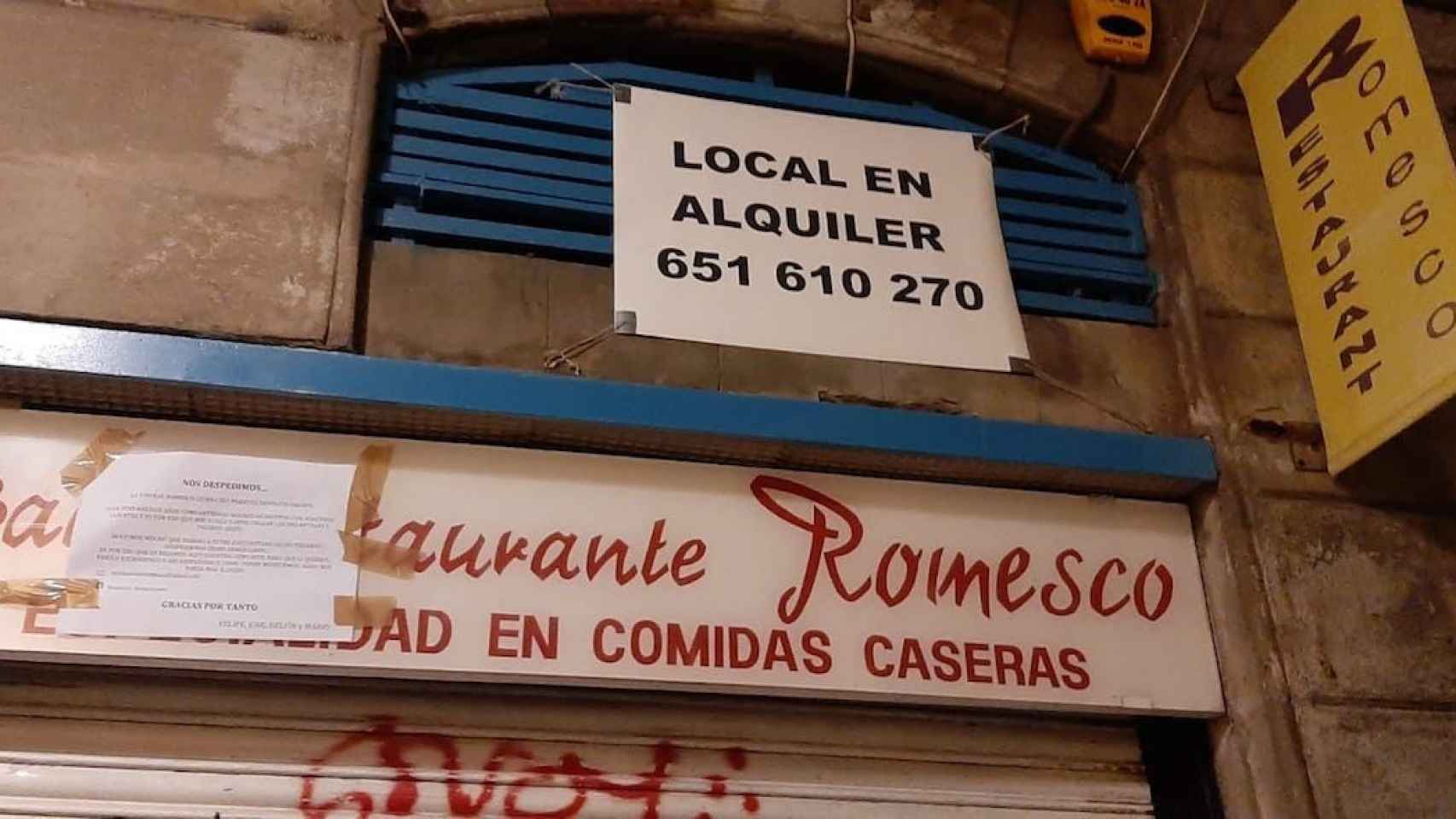 El restaurante Romesco, cerrado y ya en alquiler debido a la crisis derivada de la pandemia/ CEDIDA