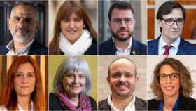 De izquierda a derecha y de arriba abajo, los candidatos a la Generalitat: Carlos Carrizosa (Cs), Laura Borràs (Junts), Pero Aragonès (ERC), Salvador Illa (PSC), Jèssica Albiach (CeCP), Dolors Sabater