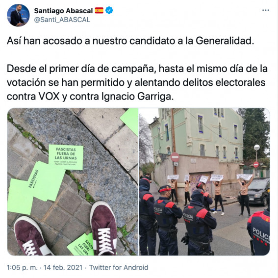 Tuit de Santiago Abascal tras la protesta de Femen contra Ignacio Garriga