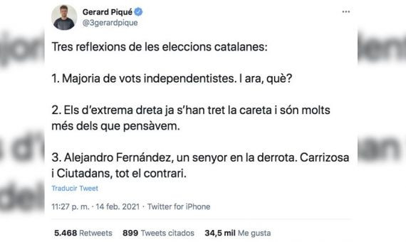 Tweet de Gerard Piqué reaccionando a los resultados de las elecciones catalanas / TWITTER 