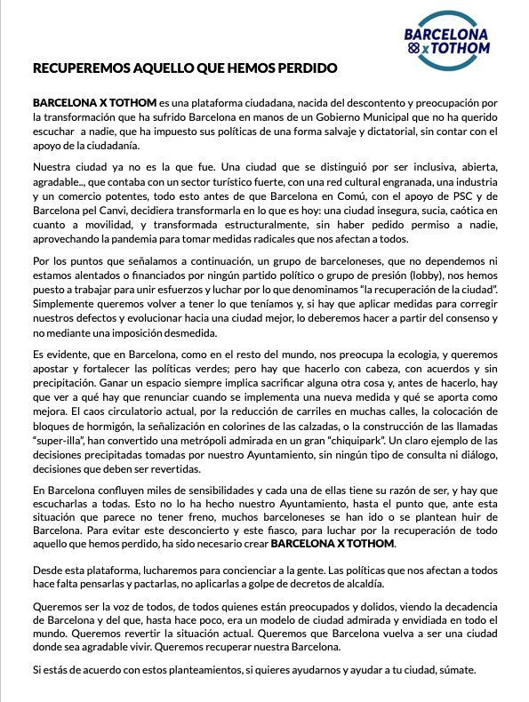 El manifiesto fundacional de Barcelona x Tothom