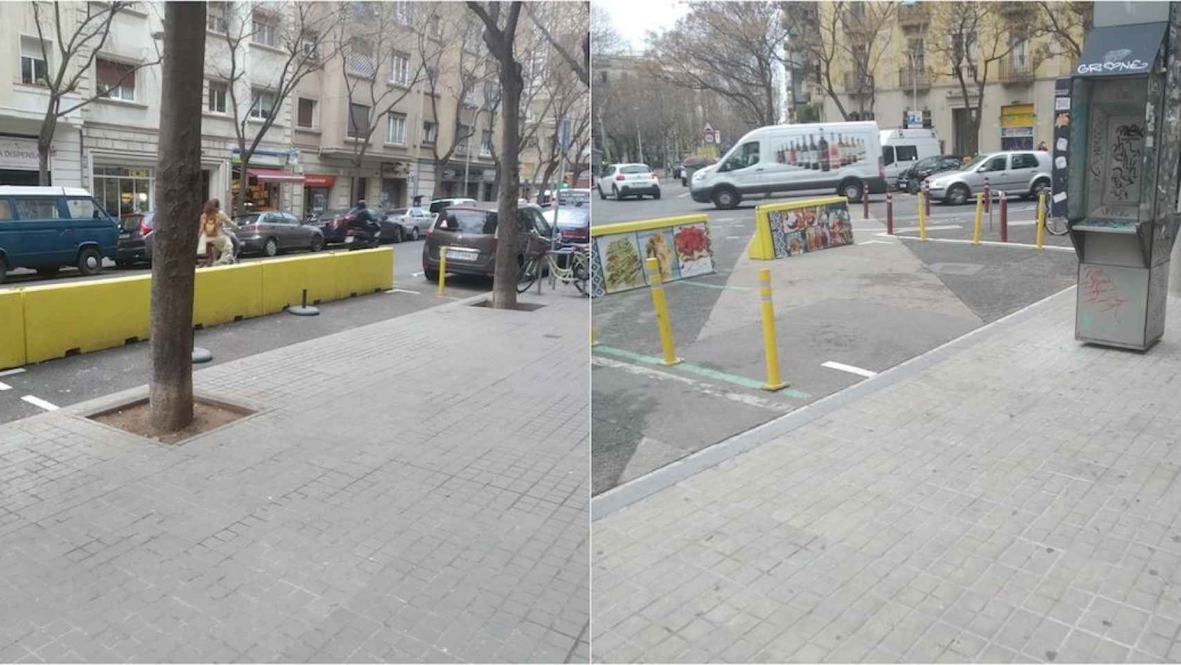 Fotomontaje de dos terrazas en Barcelona en la calzada sin mesas ni sillas / METRÓPOLI ABIERTA
