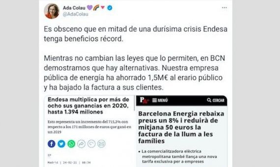 Tweet de Ada Colau criticando los ingresos de Endesa/ TWITTER-ADA COLAU