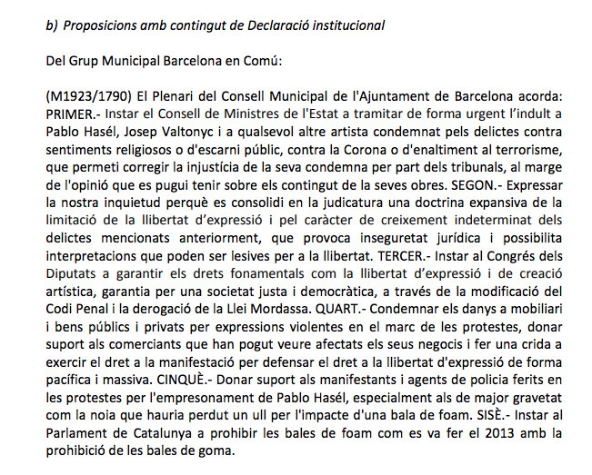 Texto del grupo de Colau que se debatirá en el pleno / AYUNTAMIENTO DE BARCELONA