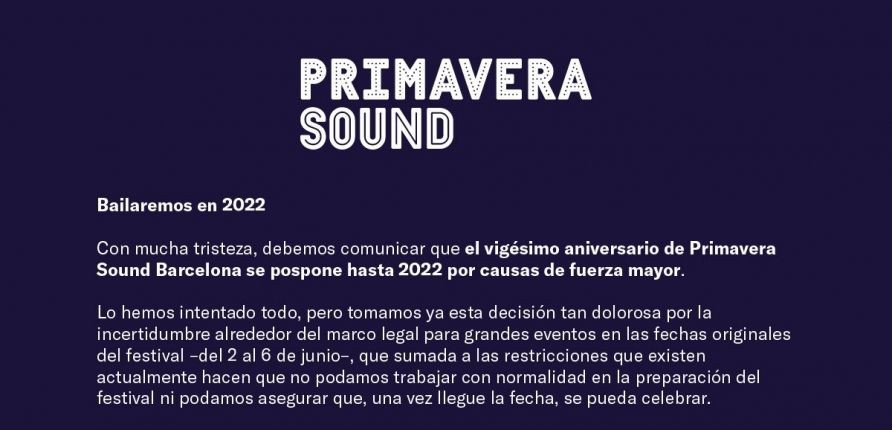 Comunicado del Festival Primera Sound / PRIMAVERA SOUND