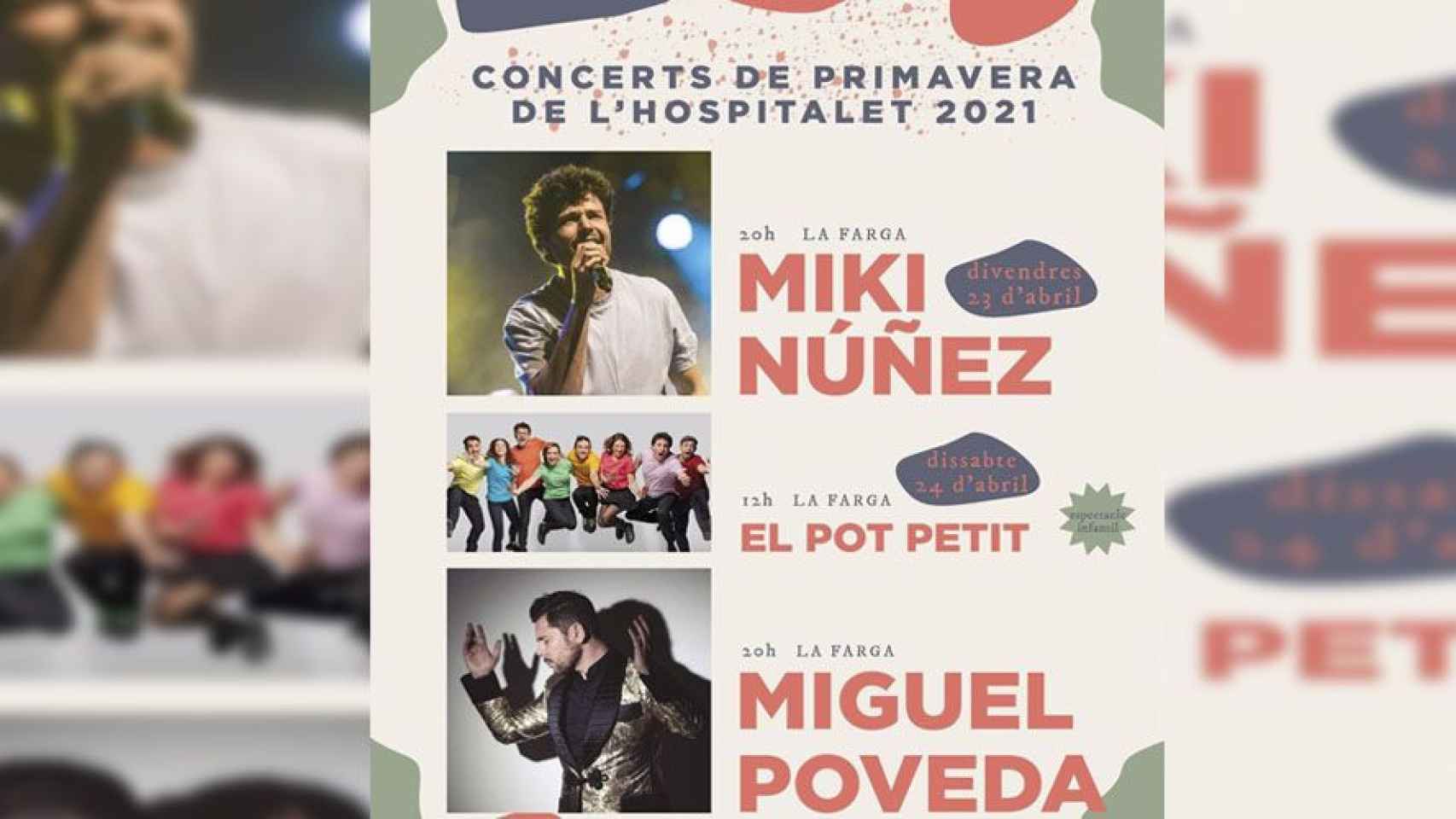 Cartel de los conciertos de Miki Núñez, Miguel Poveda y El Pol Petit en L'Hospitalet /