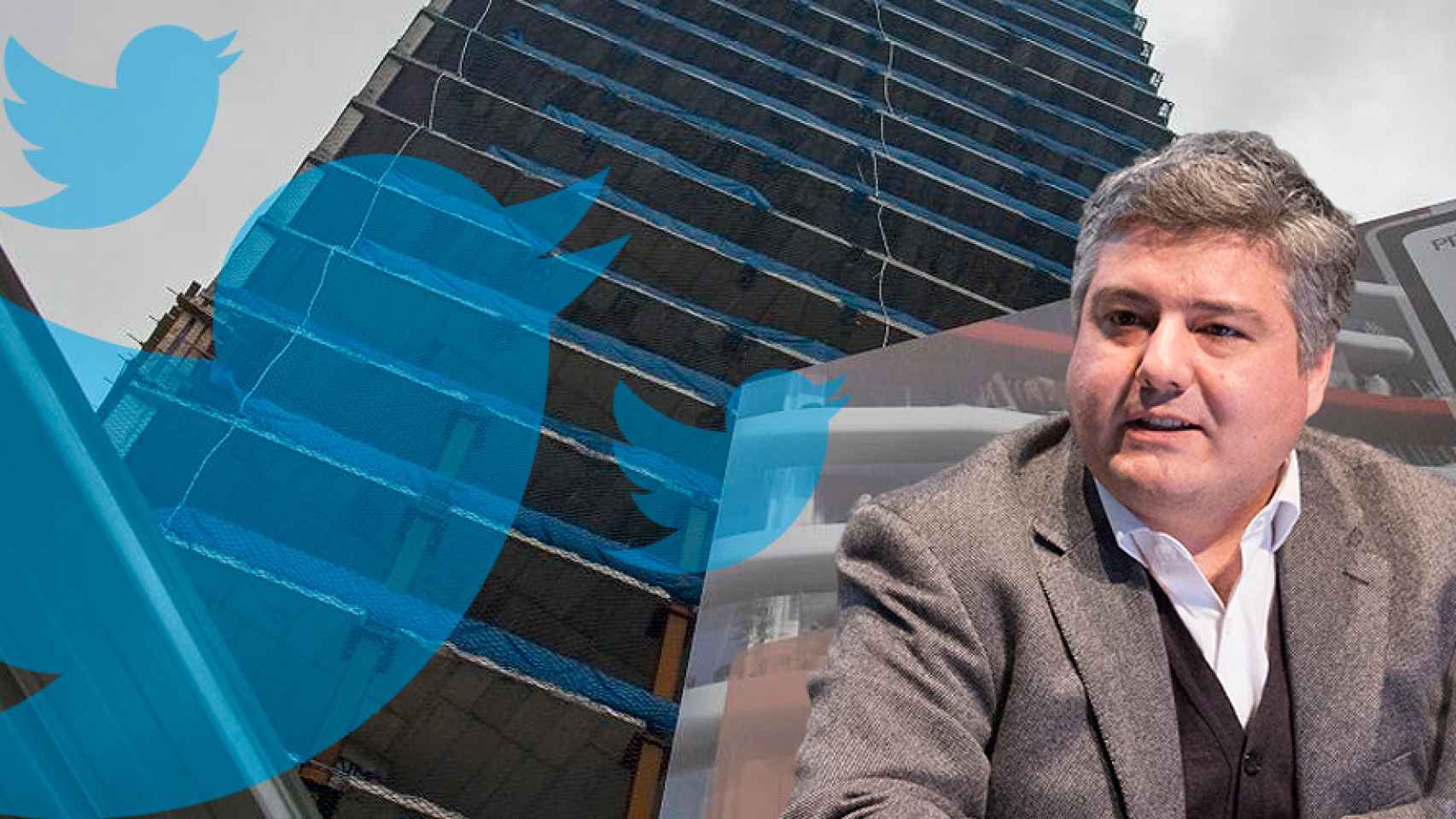 Javier Burón, gerente de vivienda del Ayuntamiento de Barcelona, junto a un edificio de vivienda y el logo de Twitter / MA