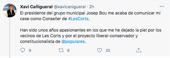 Tuit del consejero del PP Xavi Cañigueral cesado por Bou / TWITTER 