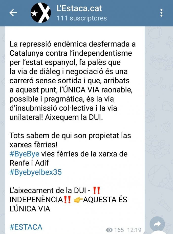 L'Estaca reivindica el sabotaje en Rodalies / TELEGRAM