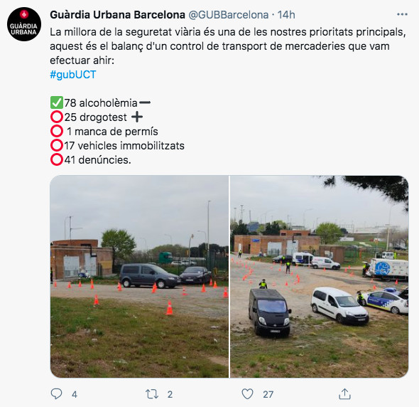 Tuit de la Guardia Urbana sobre el control de vehículos de mercancías 