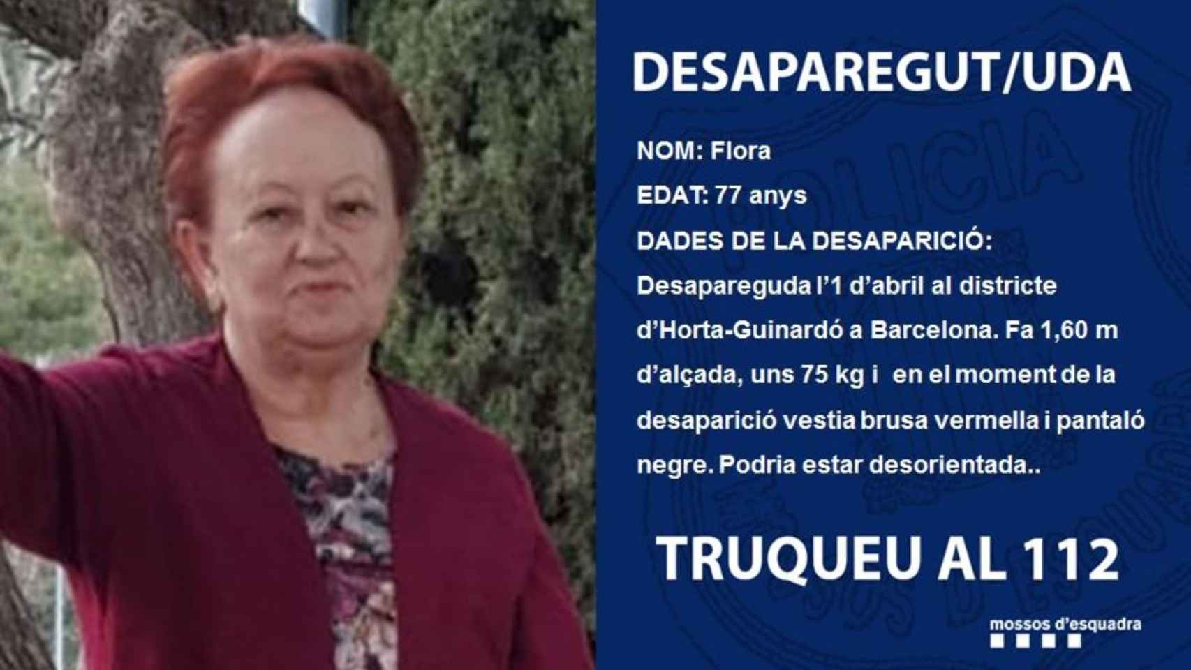 Flora, la anciana desaparecida en Horta-Guinardó / MOSSOS D'ESQUADRA