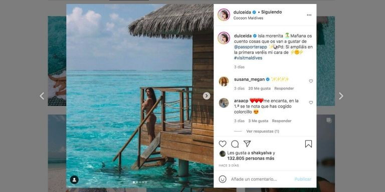 Uno de los posts de la influencer catalana en las islas Maldivas, rodeada de agua cristalina / INSTAGRAM-DULCEIDA