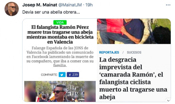 Captura de pantalla del tuit de Mainat riéndose sobre la muerte del ciclista / TWITTER
