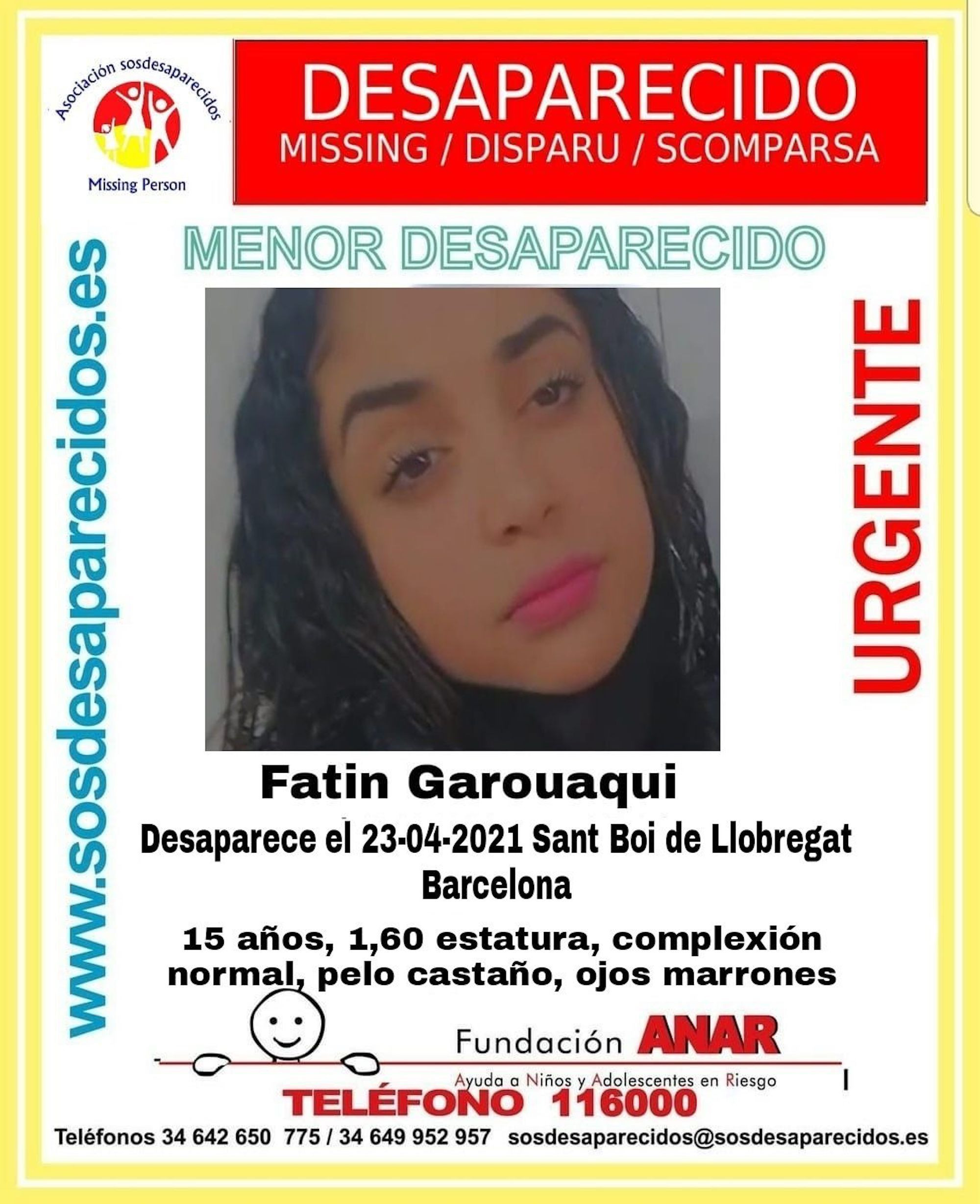 Fatin Garouaqui, la menor desaparecida por segunda vez en tres meses / SOS DESAPARECIDOS