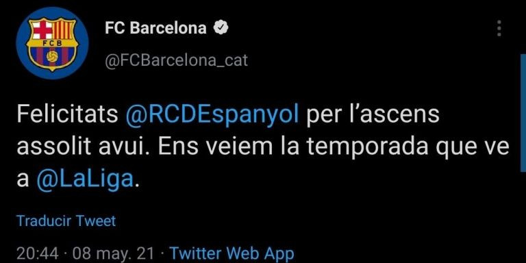 El FC Barcelona felicita al RCD Espanyol por el ascenso a Primera División