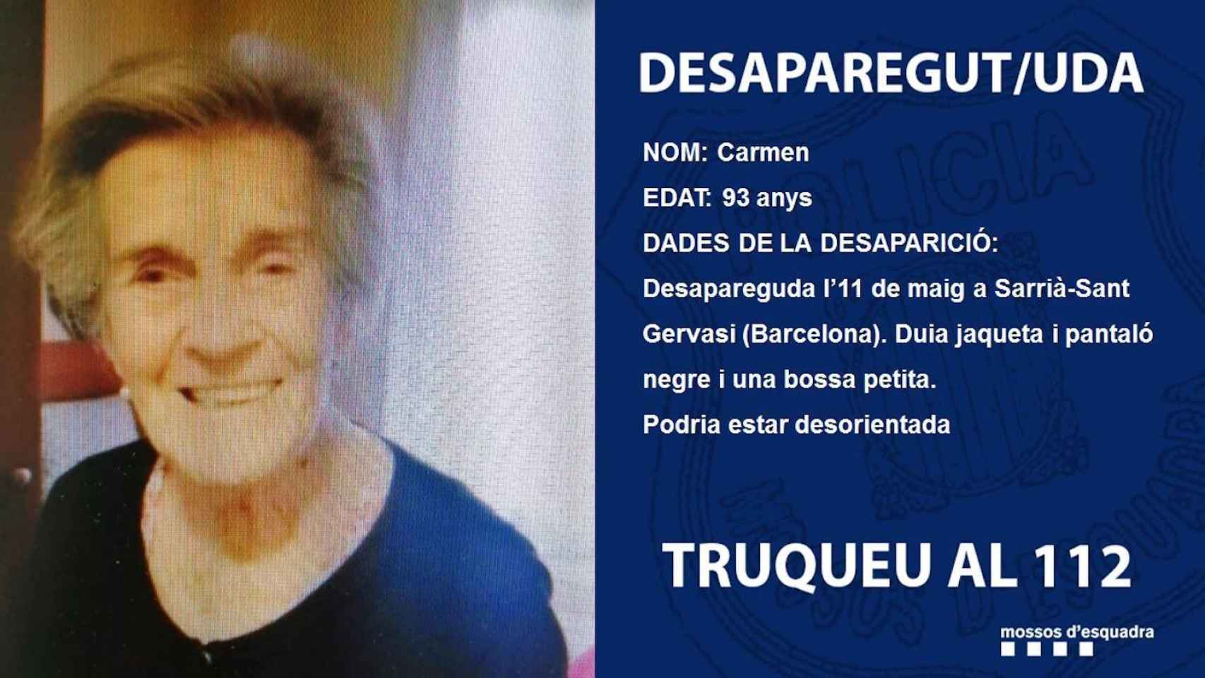 Carmen, la anciana desaparecida en Sarría-Sant Gervasi / MOSSOS D'ESQUADRA