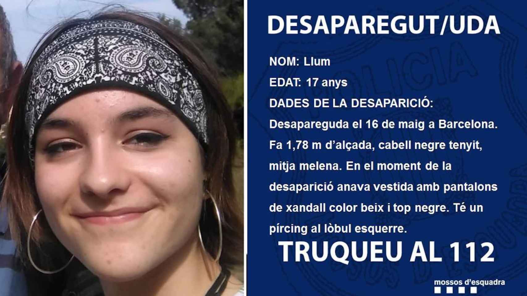 Cartel de los Mossos donde piden ayuda para encontrar a Llum, la menor desaparecida en Barcelona
