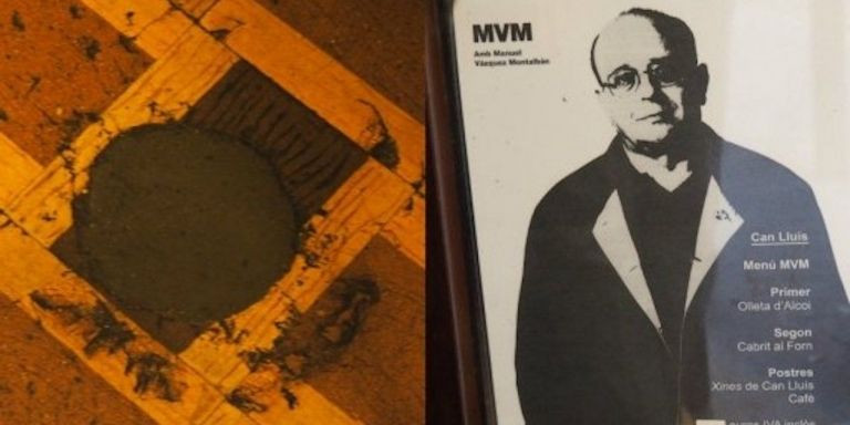 Collage con el suelo de Can Lluís, con la marca de la bomba, y una imagen de Vázquez Montalbán 