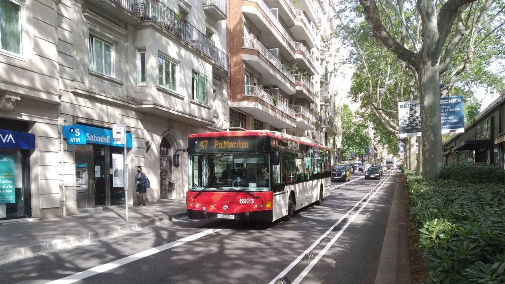 Un bus de TMB circulando por el carril estrecho del paseo de Sant Joan / METRÓPOLI - JORDI SUBIRANA