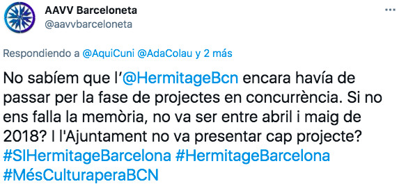 Tuit de la asociación de vecinos de la Barceloneta sobre el Hermitage / TWITTER