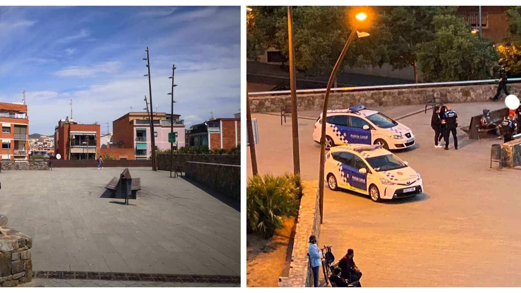 Dos imágenes del parque de Santa Coloma: mediodía de este miércoles (izquierda) y actuación policial el 24 de mayo ( derecha) / METRÓPOLI ABIERTA