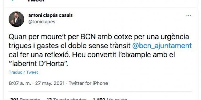 Tuit de Clapés contra Colau por las restricciones al tráfico en Barcelona / REDES SOCIALES
