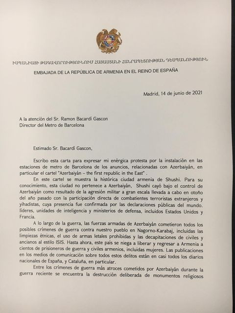 Carta del embajador al presidente del Metro de Barcelona / EMBAJADA ARMENIA EN ESPAÑA