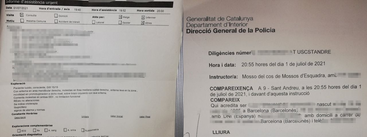 Parte médico y denuncia de la presunta agresión en Sant Andreu / IMÁGENES CEDIDAS