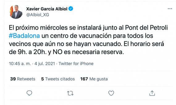 Mensaje de Xavier García Albiol en Twitter / TWITTER
